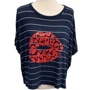 Hand Printed Upcycled Womens Small Valentine Leopard Spot Lips Kiss Tee Shirt